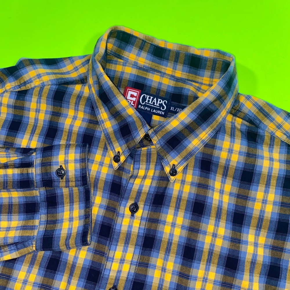 Chaps Ralph Lauren Men XL Plaid Button Down Shirt Blue Yellow Cotton Long Sleeve